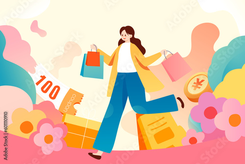 Girls are shopping with houses and plants in the background, vector illustration