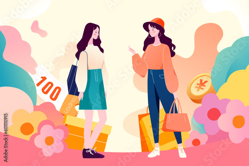 Girls are shopping with houses and plants in the background  vector illustration