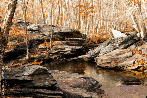 Peaceful river with rocks autumn fall landscape (ID: 601110986)