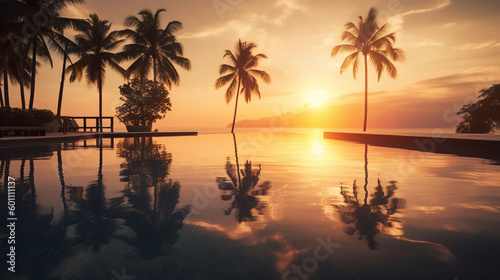 Amazing island sunset beach view  palm trees. Generative AI