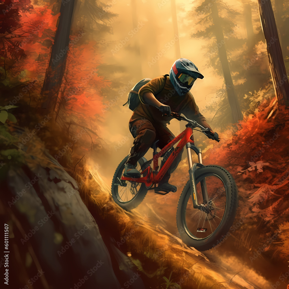 Naklejka premium Downhill Mountain Biker, Generative AI