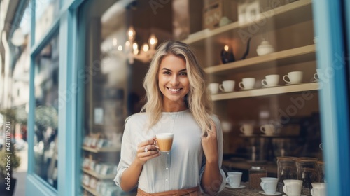 Confident female shop owner drinking tea outside boutique