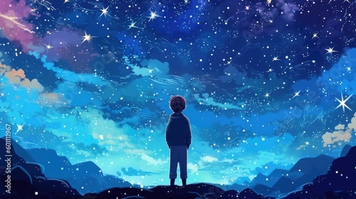Illustration of a boy looking at the night sky
