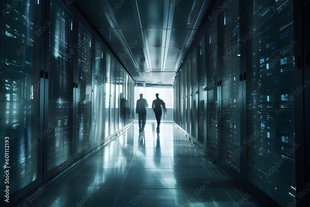 blurred people in motion in server data. Cyber security, data protection, server maintenance, Generative AI