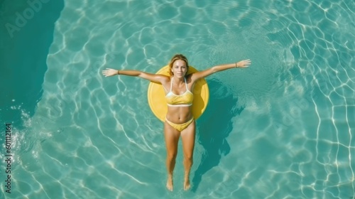 Beautiful girl in a yellow swimsuit swimming on her back © Oliver