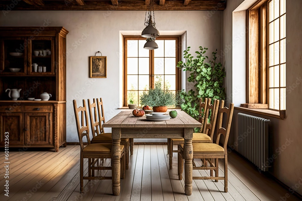 Fototapeta premium A rustic dining room with a wooden table and matching chairs. Generative Ai.