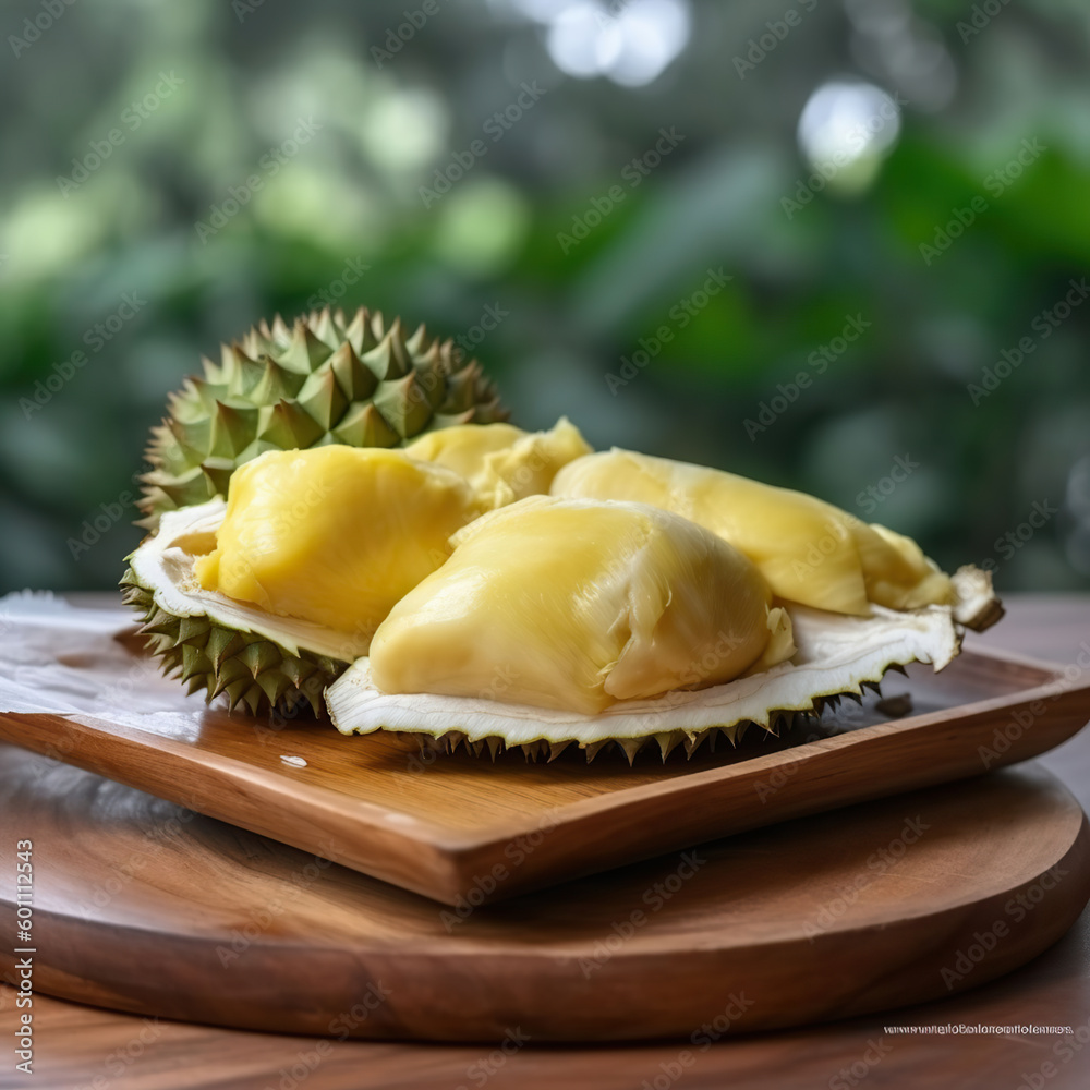 Durian on wood plate, It is the most delicious of all durians. Generative AI Durian on wood plate, It is the most delicious of all durians. Generative AI