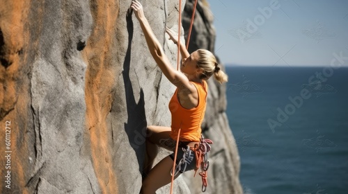 Female rock climber hanging from rock wall