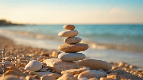 Balance and harmony in nature: Zen stones stack on a seashore