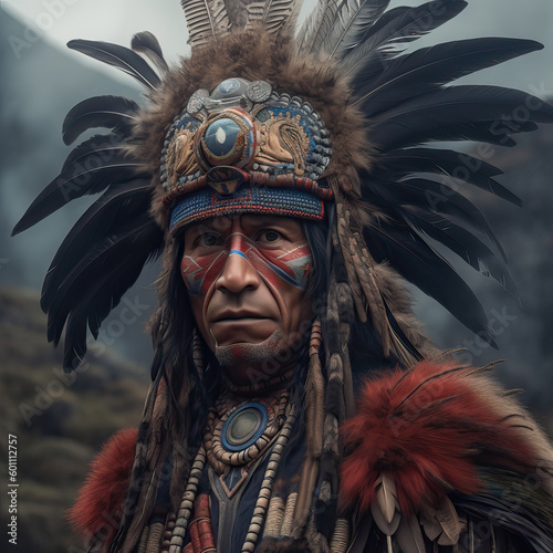 Portrait of an indigenous warrior in Latin America, Generative AI photo