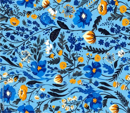 Cute colorful hand drawn vintage artistic flowers print. Modern cartoon style pattern. Fashionable template for design. Floral pattern with blue flowers in the folklore style