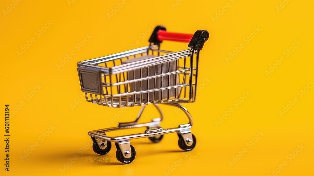 Flat lay of miniature supermarket cart with shopping bags