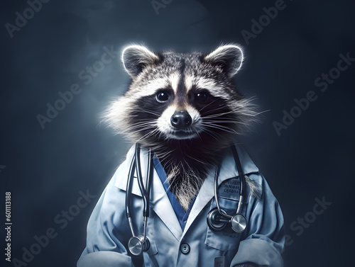 Raccoon in doctor's clothes on an isolated background