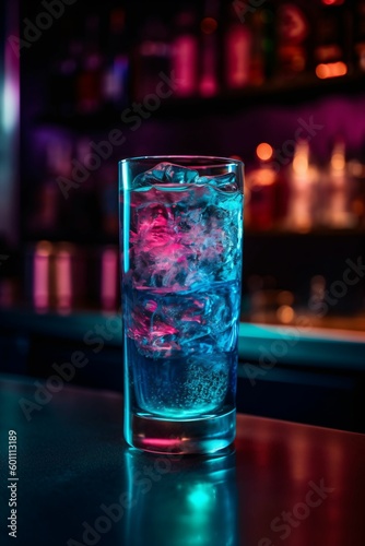 Cocktail blue lagoon, dans un verre avec glaçons sur un bar en zinc, ambiance lumineuse d'un club en arrière plan, illustration ia générative