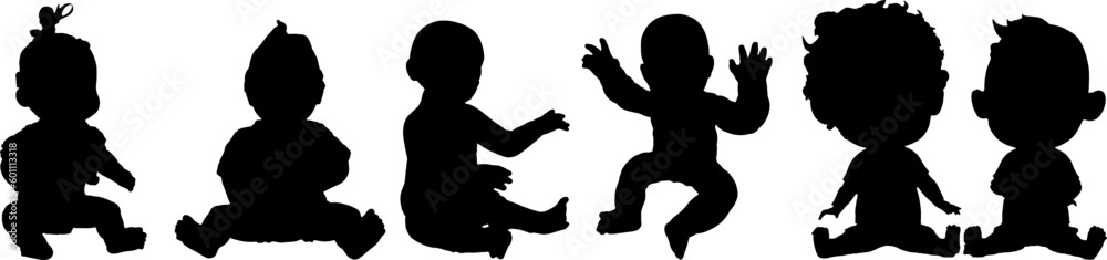 Complete Set of Sitting Baby Silhouettes in Row: Vector Images, All-Angle Sitting Baby Silhouettes in Row: Vector Graphics