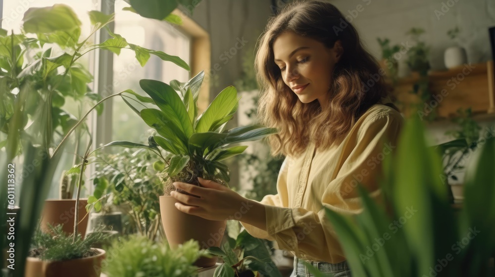 Young woman inspecting leaves on a green houseplant