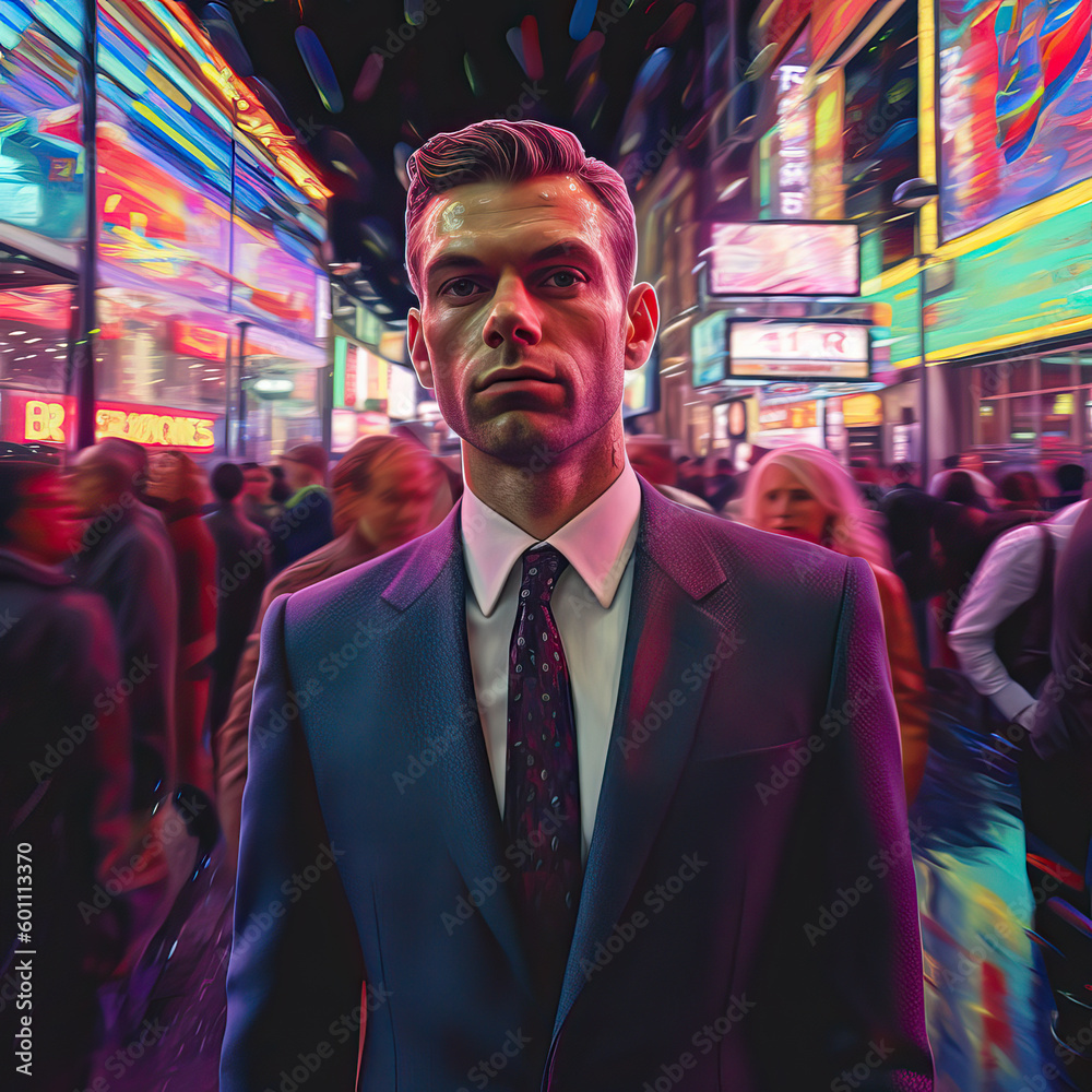 Businessman on a busy city street with iridescent neon lighting, Generative AI portrait