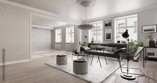 Camera moves around a room, revealing the gradual appearance of furniture and furnishings.