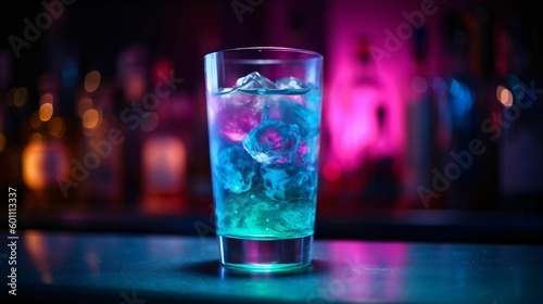 Cocktail blue lagoon, dans un verre avec glaçons sur un bar en zinc, ambiance lumineuse d'un club en arrière plan, illustration ia générative
