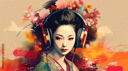 Geisha in headphones