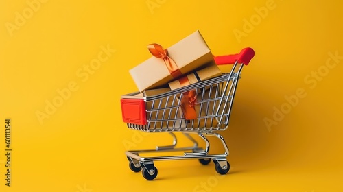 Flat Lay of Miniature Supermarket Cart with Shopping Bags