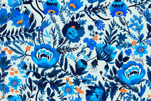 Cute colorful hand drawn vintage artistic flowers print. Modern cartoon style pattern. Fashionable template for design. Floral pattern with blue flowers in the folklore style