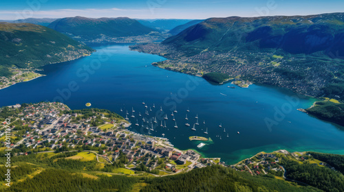 Norwegian Fjord Splendor: A Majestic Aerial Vista. Generative AI