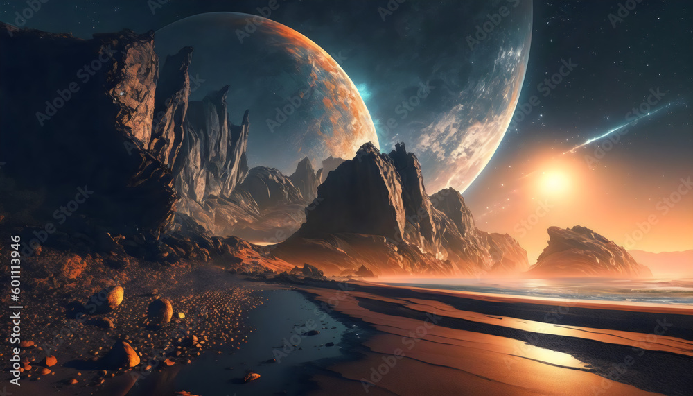 Sci-fi landscape of the planet with a view of space #5 Generative AI