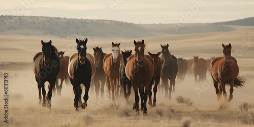 A pack of wild horses galloping across an open plain, concept of Animal Behavior, created with Generative AI technology