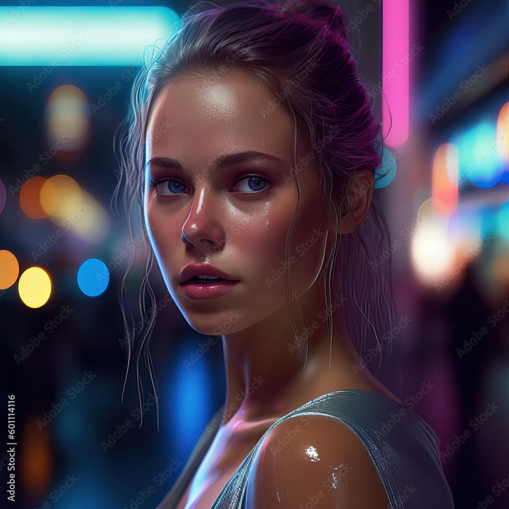 Beautiful woman standing on a busy city street with iridescent neon ...