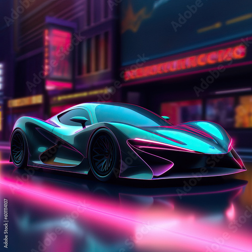 Beautiful futuristic car on an iridescent neon lit street in a city, Generative AI illustration