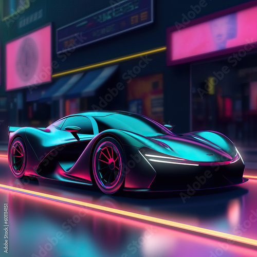 Beautiful futuristic car on an iridescent neon lit street in a city, Generative AI illustration © Goodwave Studio