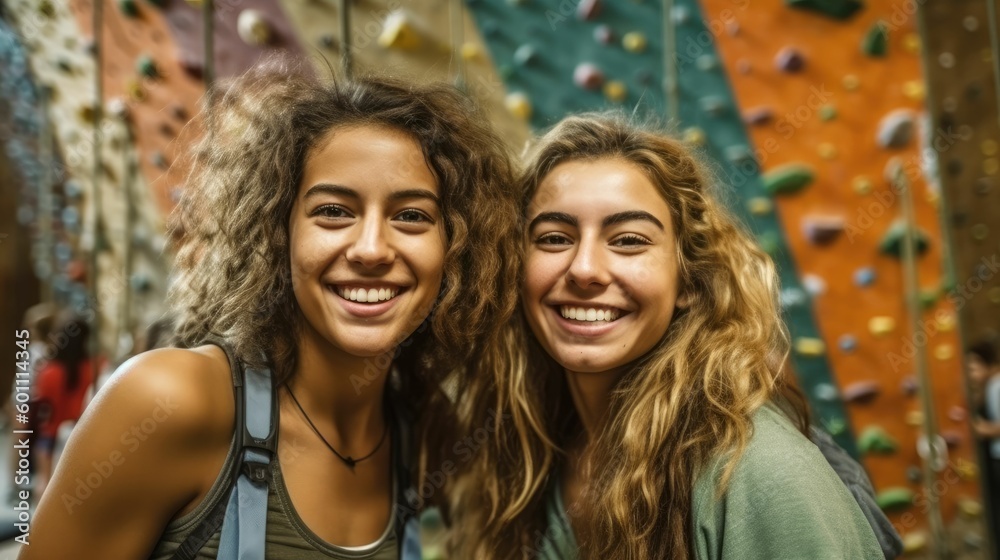 Fototapeta premium Portrait of female rock climbers at climbing center