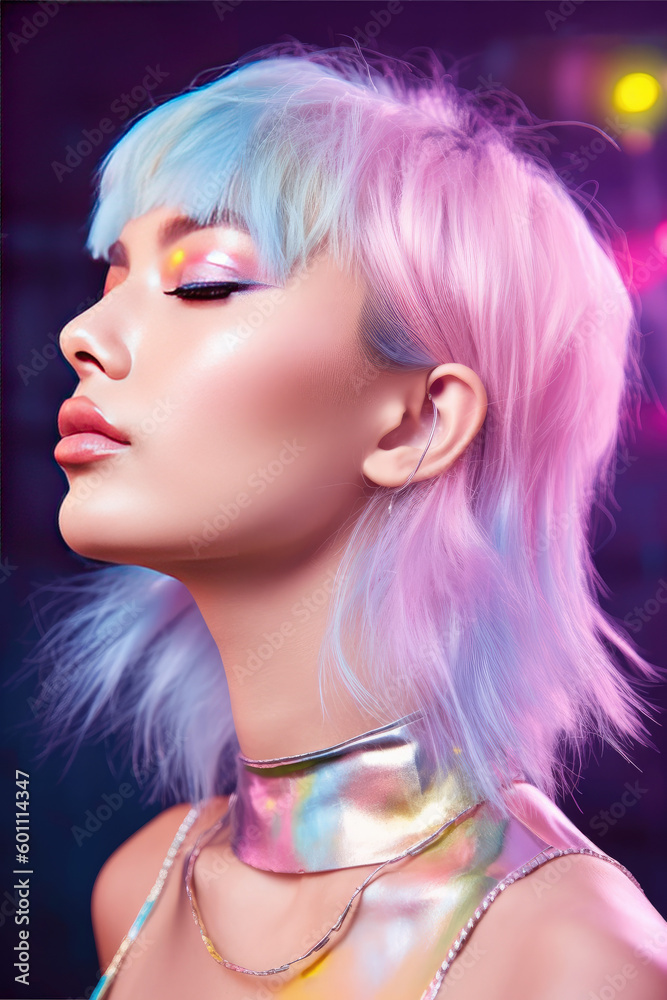 Beautiful female model in cyberpunk neon colored clothing with plastic necklace. Futuristis on colorful background. Generated AI. Beautiful female model in cyberpunk neon colored clothing with plastic necklace. Futuristis on colorful background. Generated AI.