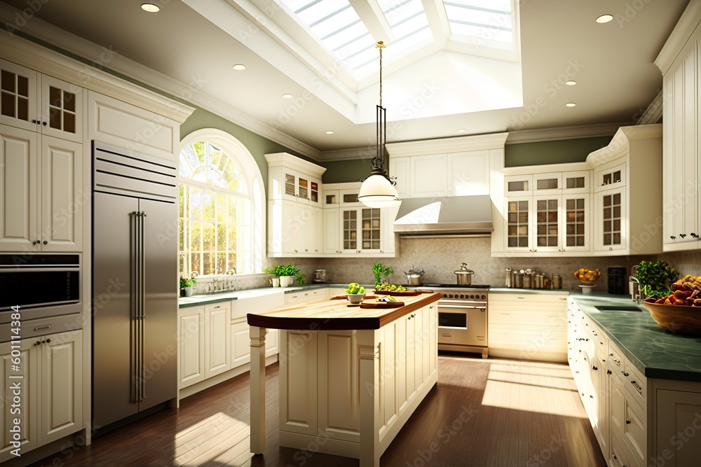A beautiful and spacious kitchen with a large skylight and a variety of cabinets and countertops. Generative AI.