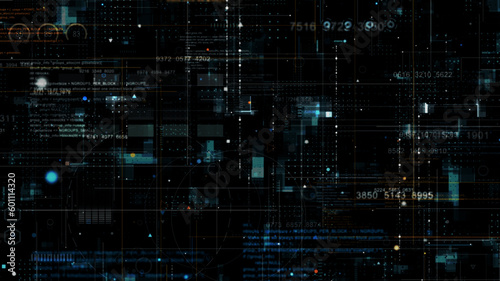 Blue data matrix simulation digital line and grid technology with futuristic HUD screen on black background abstract background concept © lersan