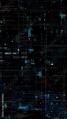 Blue data matrix simulation digital line and grid technology with futuristic HUD screen on black background and vertical video abstract background concept