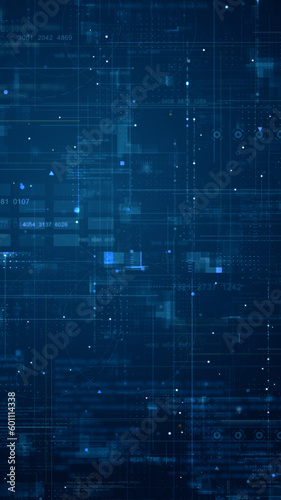 Blue data matrix simulation digital line and grid technology with futuristic HUD screen on blue background and vertical video abstract background concept