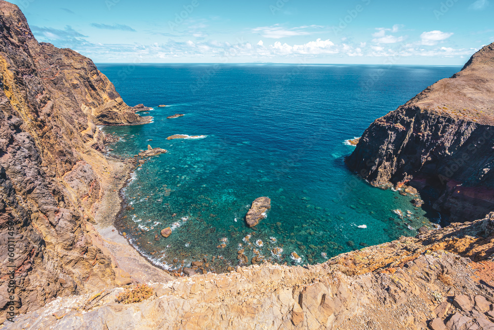 View of a strait from a steep cliff. São Lourenço, Madeira Island, Portugal, Europe. View of a strait from a steep cliff. São Lourenço, Madeira Island, Portugal, Europe.