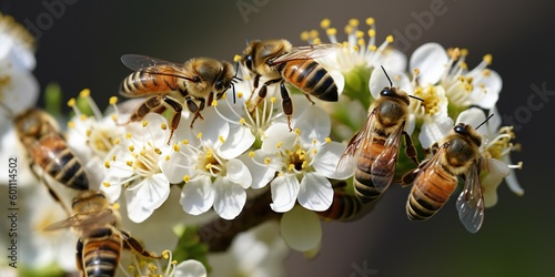 A colony of honeybees busily collecting pollen and nectar from flowers, concept of Insect communication, created with Generative AI technology