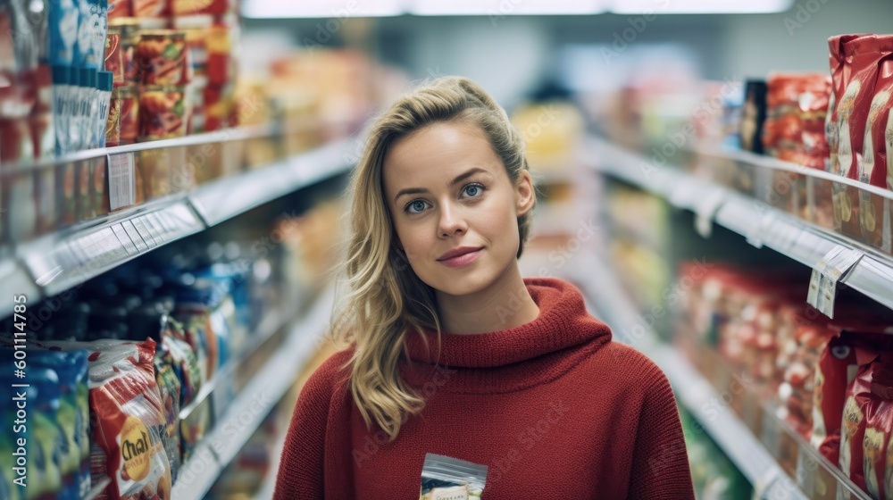 Woman shopping between store shelves