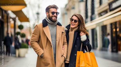 Young happy couple with shopping bags in the city