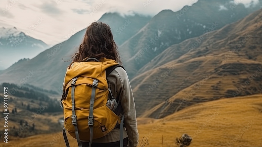 woman with a backpack looking at a mountain , Generative AI woman with a backpack looking at a mountain , Generative AI