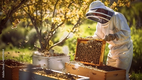 Foto honey farming and beekeeper with crate ,Generative AI