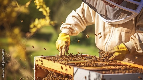 honey farming and beekeeper with crate ,Generative AI 