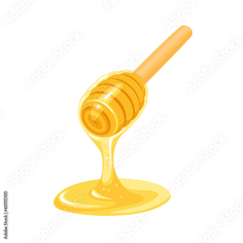 Honey dipper isolated on white background. Vector cartoon flat illustration of dripping honey from wooden dipper.