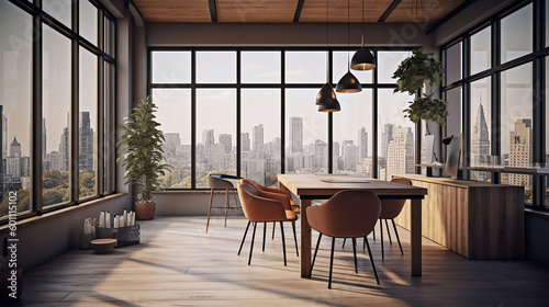 Clean luxury wooden and concrete coworking office interior with windows and city view, carpets, Generative AI