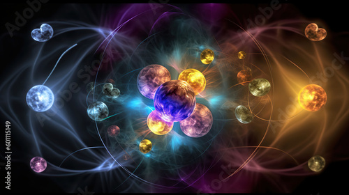 A colorful atomic image with colorful molecules and swirling liquid, in the style of ethereal atmosphere. Generative AI