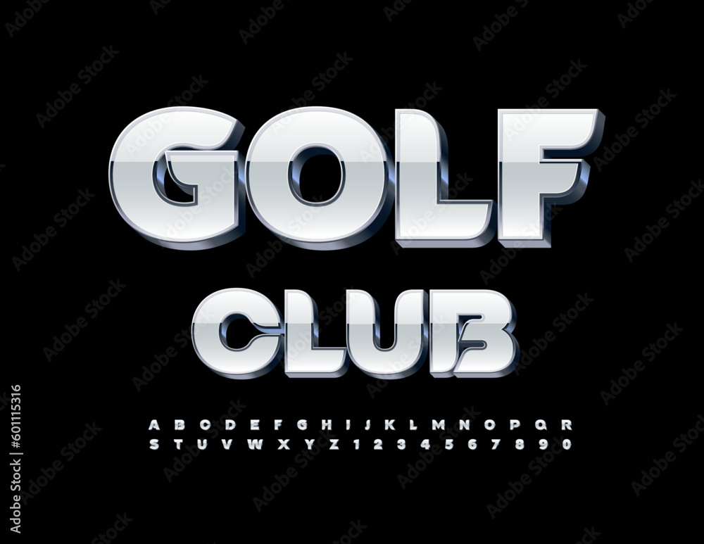 Vector premium sign Golf Club. White and Silver creative Font. Modern Alphabet Letters, Numbers and Symbols Vector premium sign Golf Club. White and Silver creative Font. Modern Alphabet Letters, Numbers and Symbols