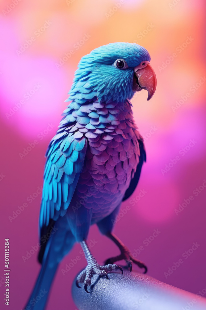 Futuristic parrot animal in metallic material and neon blue, purple and pink colors against colorful background. Generated AI. Futuristic parrot animal in metallic material and neon blue, purple and pink colors against colorful background. Generated AI.
